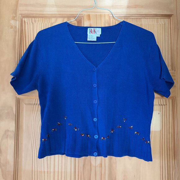 R&K Sweater 12P Button-up Cropped Short Sleeve Floral Embroidered Blue - Picture 1 of 7